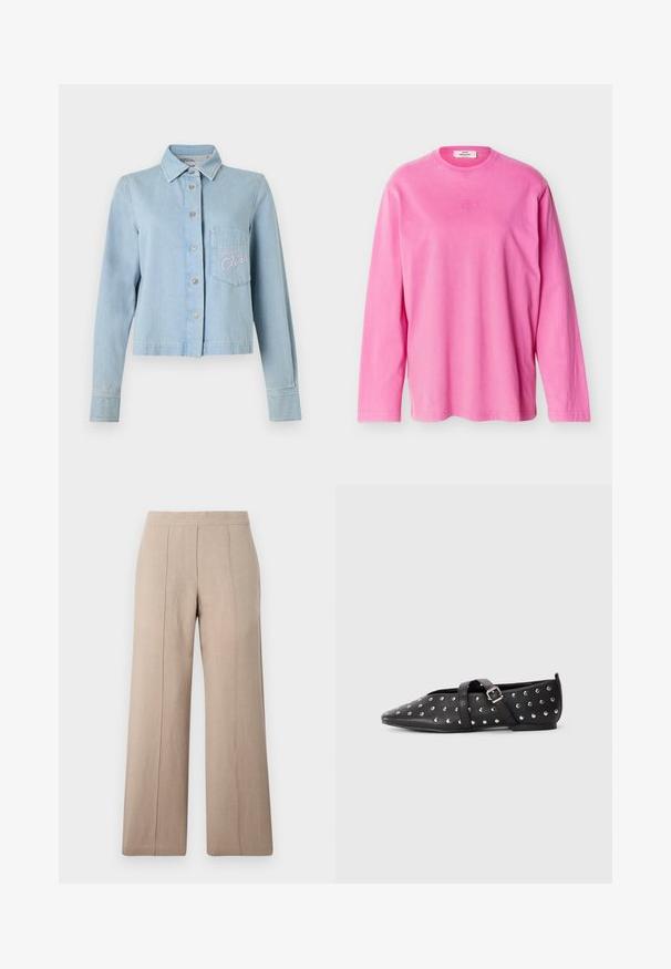Veste en denim bleu clair avec fermeture à boutons, col pointu et manches longues. Comprend une poche poitrine avec broderie rose.; Chemise à manches longues rose vif avec logo discret en relief centré sur la poitrine et une étiquette de marque à l'intérieur du col.; Pantalons larges beige en tissu léger, avec des plis à l'avant, une ceinture lisse et une coupe droite aux ourlets nets.; Chausson noir pointu avec clous argentés et bride croisée réglable avec boucle, talon minimal, sur fond clair uni.