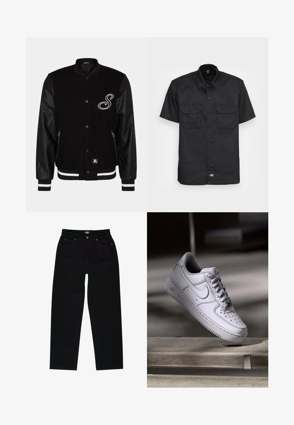 Schwarze Collegejacke mit Wollkörper und Lederärmeln. Ausstattung mit einem weißen gestickten Buchstaben, seitlichen Reißverschlusstaschen und gestreiften Rippbündchen.; Schwarzes Kurzarmhemd aus glattem Stoff; verfügt über zwei Brusttaschen mit Klappen, Knopfverschluss und einen klassischen Kragen.; Schwarze Jeans aus Denim im geraden Schnitt, mit fünf Taschen, braunen Nähten und einem Reißverschluss. Glatte Textur und hochwertiges Material.; Weißer Nike Air Force 1 Sneaker aus Leder mit perforierter Zehenpartie, flachen Schnürsenkeln und strukturierter Gummisohle mit "AIR"-Branding an der Seite.
