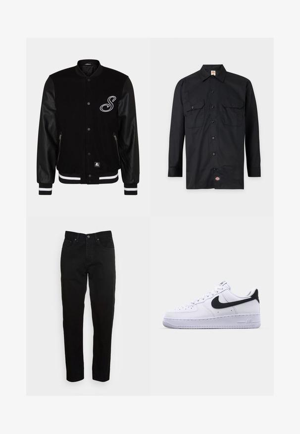 Schwarze Collegejacke mit Wollkörper und Lederärmeln. Ausstattung mit einem weißen gestickten Buchstaben, seitlichen Reißverschlusstaschen und gestreiften Rippbündchen.; Schwarzes langärmliges Hemd zum Knöpfen mit zwei vorderen Klappentaschen und einem kleinen Dickies-Logoanhänger nahe dem unteren Saum.; Schwarze Slim-Fit-Jeans mit vorderem Knopfverschluss und fünf Taschen-Design, vor einem schlichten hellgrauen Hintergrund präsentiert.; Weißes Leder-Sneaker mit einem strukturierten schwarzen Swoosh, flachen Schnürsenkeln und einer Gummisohle mit genoppetem Muster. "AIR" ist auf der Ferse eingeprägt.