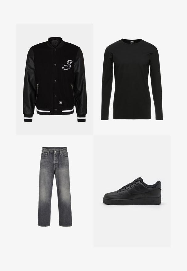 Sort varsity-jakke med uld-krop og læderærmer. Har et hvidt broderet bogstav, sidelommer med lynlås og stribede ribbede manchetter.; Urban Classics STRETCH TERRY - Langærmet T-shirt - black; Jeans i denim i en falmet sort farve, med lige ben-design, fem lommer og metalknaplukning i taljen.; Nike Sportswear AIR FORCE 1 07 FLYEASE - Sneakers - black