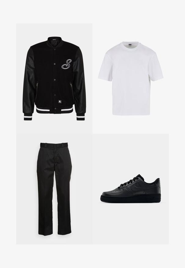 Veste de varsity noire avec un corps en laine et des manches en cuir. Présente une lettre brodée blanche, des poches zippées sur les côtés et des poignets en maille rayée.; T-shirt blanc à manches courtes en coton. Il présente un col rond et une coupe décontractée. Texture lisse, design minimaliste, sans motifs ni accents.; Pantalons noirs en tissu lisse, avec une coupe droite, des passants de ceinture et deux poches latérales. Look classique sans embellissements.; Baskets Nike Air Force 1 noires avec un dessus en cuir lisse, bout perforé pour la respirabilité, lacets noirs et semelle en caoutchouc texturé.