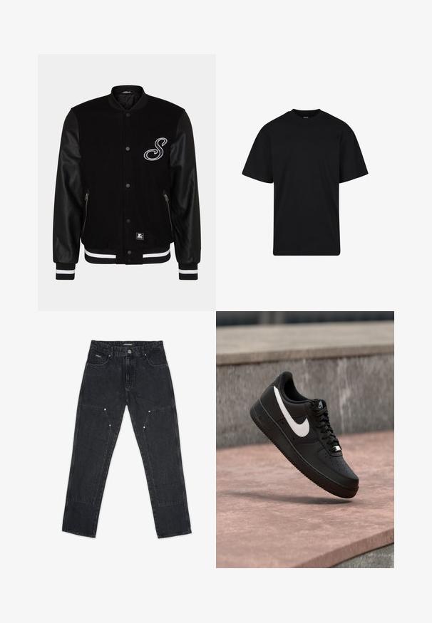 Sort varsity-jakke med uld-krop og læderærmer. Har et hvidt broderet bogstav, sidelommer med lynlås og stribede ribbede manchetter.; Sort T-shirt med korte ærmer og rund hals, afslappet pasform, ensfarvet design uden synlige logoer eller mønstre.; Pegador VINTO CARPENTER - Tømrerbukser - washed black; Sort Nike Air Force 1-sneaker med hvid swoosh-logo, svævende over en stenovertflade med en grå tekstureret væg i baggrunden.