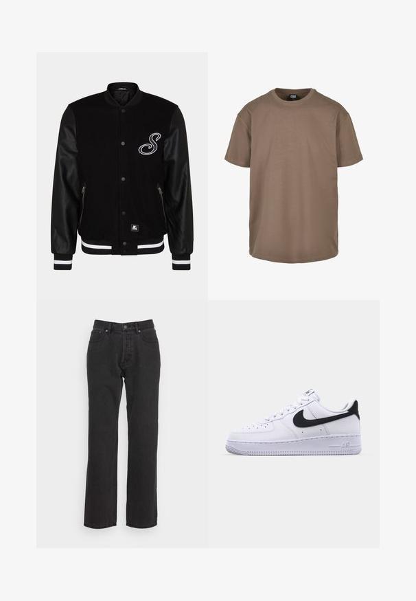 Chaqueta varsity negra con cuerpo de lana y mangas de cuero. Presenta una letra bordada blanca, bolsillos laterales con cremallera y puños acanalados a rayas.; Camiseta marrón hecha de algodón, con un escote redondo, mangas cortas y un corte relajado con una textura suave. Sin patrones ni acentos.; Jeans de denim negro con un diseño de pierna recta, que cuentan con un cierre de botón frontal, lazos para cinturón y dos bolsillos laterales. Tejido texturizado.; Zapatilla blanca de cuero con un Swoosh negro texturizado, cordones planos y una suela de goma con un patrón estriado. "AIR" está grabado en el talón.