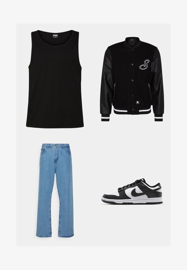Zwarte varsity jacket met een wollichaam en leren mouwen. Heeft een witte geborduurde letter, zijritszakken en gestreepte ribgebreide manchetten.; Zwarte tanktop gemaakt van zachte katoenstof. Beschikt over een ronde halslijn en ruime armsgaten, zonder zichtbare patronen of accenten.; Lichtblauwe denim wijdvallende jeans met een hoge taille, voorzien van een knoop- en ritssluiting, vijf zakken en rafelige zoom.; Zwart-witte Nike Dunk sneakers met een leren bovenwerk, geperforeerde neus, zwarte veters en een zwarte rubberen zool met profiel.