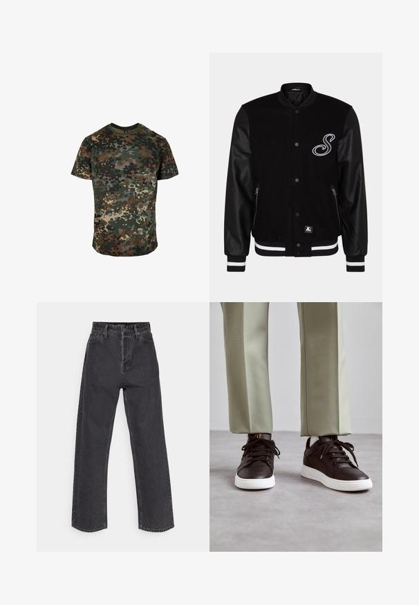 Veste de varsity noire avec un corps en laine et des manches en cuir. Présente une lettre brodée blanche, des poches zippées sur les côtés et des poignets en maille rayée.; T-shirt en camouflage en coton, avec un motif multicolore dans les tons de vert, marron et noir. Encolure ronde et manches courtes.; Jeans taille haute, jambe droite en denim gris foncé, avec un design classique à cinq poches et des coutures contrastantes sur les seams.; Baskets en cuir marron avec un détail perforé, semelle plate en caoutchouc blanc et lacets noirs, assorties à un pantalon fuselé vert clair.