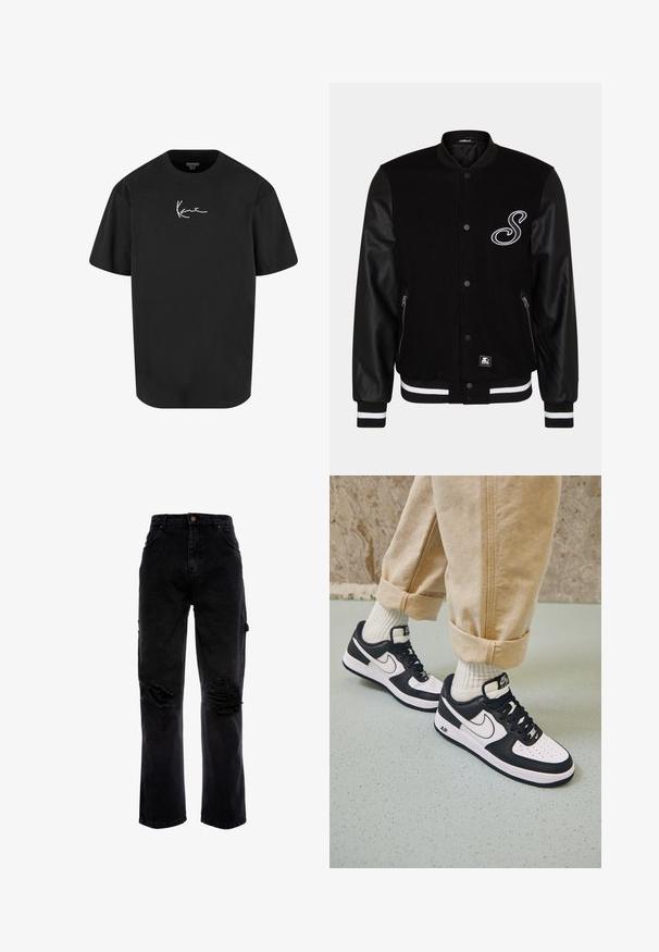 Schwarze Collegejacke mit Wollkörper und Lederärmeln. Ausstattung mit einem weißen gestickten Buchstaben, seitlichen Reißverschlusstaschen und gestreiften Rippbündchen.; Schwarzes Baumwoll-T-Shirt mit kurzen Ärmeln, Rundhalsausschnitt und einem weißen Signaturlogo, das auf der Vorderseite gedruckt ist. Glatte Textur und lässige Passform.; Schwarze Jeans aus Denim mit lockerer Passform, die an der Vorderseite verwaschene Risse aufweisen, fünf Taschen und einen Knopfverschluss an der Taille haben.; Schwarz-weiße Nike Air Force 1 Sneaker mit einem Obermaterial aus Leder, perforierter Zehenpartie und strukturiertem Sohlendesign, getragen mit aufgerollten beigen Hosen und weißen Socken.