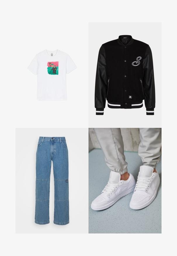 Veste de varsity noire avec un corps en laine et des manches en cuir. Présente une lettre brodée blanche, des poches zippées sur les côtés et des poignets en maille rayée.; T-shirt en coton blanc avec un dessin abstrait coloré représentant un soleil et une silhouette sur fond vert, encadré de rose. Manches courtes.; Jeans en denim bleu clair avec une coupe décontractée, présentant des panneaux en patchwork, une fermeture par bouton supérieur, un design à cinq poches et un logo subtilement apposé sur la jambe.; Des baskets en cuir blanc présentent une zone de perforation à l'avant, des lacets plats, un col rembourré et le logo Jordan sur la languette. Portées avec un pantalon de jogging gris.