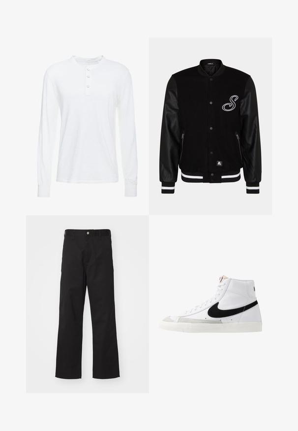 Chaqueta varsity negra con cuerpo de lana y mangas de cuero. Presenta una letra bordada blanca, bolsillos laterales con cremallera y puños acanalados a rayas.; Camisa henley de manga larga blanca en tejido ligero, con cuello redondo, tapeta de tres botones y puños ajustados.; Pantalones negros de tela duradera con un corte recto, que presentan un cierre frontal con botón, passadores para cinturón y sin patrones o acentos visibles.; Zapatillas altas blancas con un swoosh negro, una puntera texturizada en gris y suela plana blanca. Presenta seis ojales y acentos cosidos.