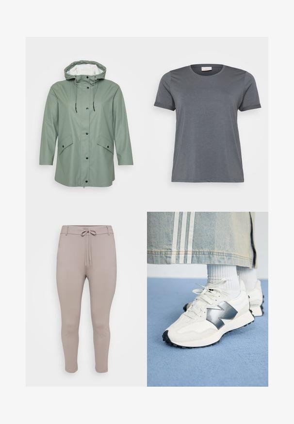 Chubasquero verde impermeable con capucha, que presenta un interior blanco, dos grandes bolsillos frontales y botones a presión negros. Textura suave.; Camiseta gris de manga corta hecha de una tela suave, con un clásico escote redondo y mangas enrolladas. Textura lisa sin patrones visibles.; Pantalones jogger ajustados de color beige claro, con cintura de cordón y piernas ajustadas, exhibidos sobre un fondo liso.; Zapatillas deportivas blancas con un acento plateado, fabricadas con tejido texturizado y cuero suave; presentan una suela de goma negra y cordones.