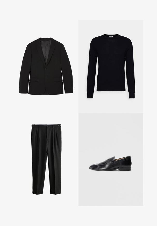 Sort to-knaps herreblazer med notched revers, klaplommer og knapforseglede manchetter, vist fladt med indvendig foer synligt.; Sort langærmet sweater lavet af blødt strikket materiale. Rund halsudskæring, ribbede manchetter og kant. Minimalistisk design uden synlige mønstre eller knapper.; Sorte plisserede bukser med en glat tekstur, der har en linning med to knaplukninger og et løstsiddende, lige ben design.; Sorte læderslipper med en glat overflade, spidse tæer og subtil stikningsdetalje. Har en flad hæl og prægede logo på siden.