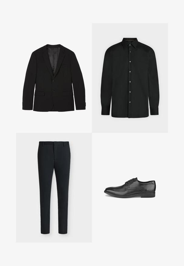 Blazer negro de hombre con dos botones, solapas con muesca, bolsillos con tapa y puños con botones, mostrado plano con el forro interior visible.; Camisa negra de manga larga con botones, cuello puntiagudo y puños abotonados, mostrada sobre un fondo claro y liso.; Pantalones de vestir negros de corte ajustado con trabillas, cremallera frontal y sin bolsillos visibles, mostrados sobre un fondo blanco liso.; Zapato de vestir de hombre de cuero negro con cordones, tacón bajo y acabado pulido liso, mostrado desde el lado exterior.