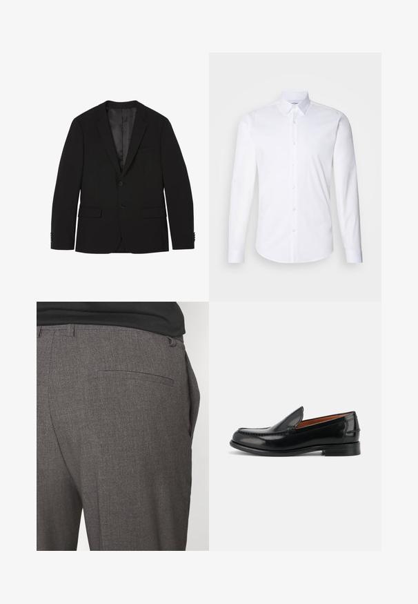 Blazer negro de hombre con dos botones, solapas con muesca, bolsillos con tapa y puños con botones, mostrado plano con el forro interior visible.; Camisa blanca de manga larga abotonada hecha de suave tela de algodón, con un cuello clásico, cierre de botones y dobladillo curvado.; Pantalones grises ajustados con una textura suave, que cuentan con un bolsillo trasero y un diseño slim fit. La tela tiene un patrón sutil.; Mocasín negro de cuero pulido, tipo slip-on, con tacón bajo y detalles cosidos a lo largo de la puntera y los costados, mostrado de lado.