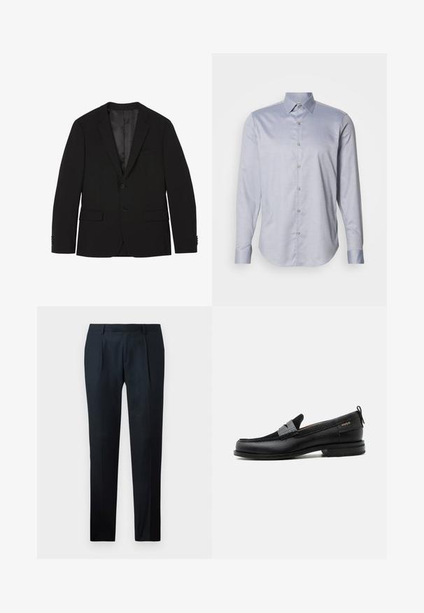 Blazer negro de hombre con dos botones, solapas con muesca, bolsillos con tapa y puños con botones, mostrado plano con el forro interior visible.; Camisa de botones de manga larga en azul claro, con un sutil patrón de cuadros, textura suave y cuello clásico; cuenta con cinco botones en la parte delantera.; Pantalones negros a medida, confeccionados en una tela suave, con un diseño de corte ajustado, dos pliegues frontales y una cinturilla plana sin hardware visible.; Mocasín de cuero negro con detalle de tira gris, tacón bajo y suela texturizada, con la marca "HUGO" en oro en el lateral.