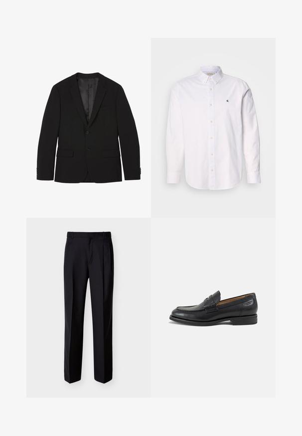 Zwarte herenblazer met twee knopen, met ingesneden revers, klepzakken en knoopmanchetten, plat weergegeven met zichtbare voering aan de binnenkant.; Witte button-up shirt gemaakt van katoen, met een klassieke kraag, lange mouwen en een klein CK-logo op de linkerborst. Glad oppervlak.; Zwarte, op maat gemaakte broek met rechte pasvorm, geplooide voorkant en zijzakken. Gemaakt van een gladde, lichtgewicht stof met een effen patroon.; Zwarte leren herenloafer met gestikte details, lage gestapelde hak en een smalle band over de bovenzijde, zijaanzicht op een witte achtergrond.