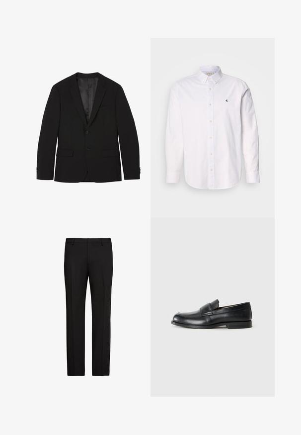 Zwarte herenblazer met twee knopen, met ingesneden revers, klepzakken en knoopmanchetten, plat weergegeven met zichtbare voering aan de binnenkant.; Witte button-up shirt gemaakt van katoen, met een klassieke kraag, lange mouwen en een klein CK-logo op de linkerborst. Glad oppervlak.; Zwarte formele broek met ceintuurlussen, vouw in de voornaad en rechte pijpen op een witte achtergrond.; Zwarte leren instappers met een ronde neus, gestikte details en een vlakke rubberen zool. Heeft een brede band over de wreef.