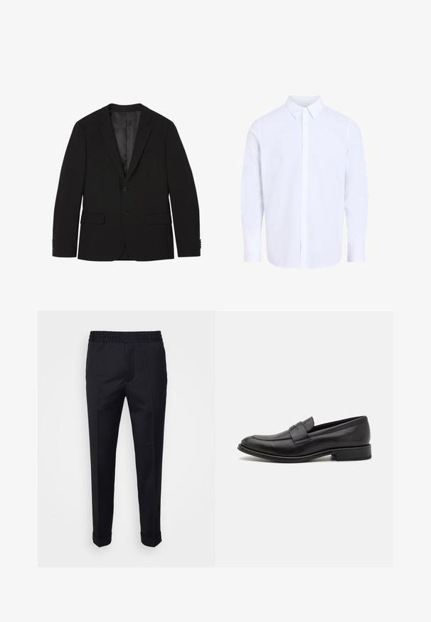 Blazer homme noir à deux boutons avec revers crantés, poches à rabat et poignets boutonnés, présenté à plat avec la doublure intérieure visible.; Chemise blanche à manches longues avec col classique, en tissu lisse, avec une patte de boutonnage devant et un ourlet arrondi.; Pantalon noir en tissu léger, avec une taille élastique, des poches latérales et des poignets roulés. Texture lisse avec des plis à l'avant.; Mocassin en cuir noir avec une finition lisse, une sangle décorative sur le dessus, un bout rond et un petit talon empilé.