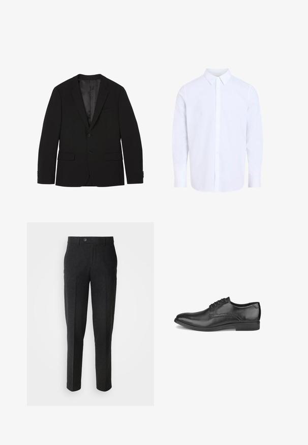 Blazer negro de hombre con dos botones, solapas con muesca, bolsillos con tapa y puños con botones, mostrado plano con el forro interior visible.; Camisa blanca de manga larga con botones, cuello clásico, confeccionada en tela suave, con tapeta de botones en la parte delantera y dobladillo redondeado.; Lindbergh Pantalones - black melange; Zapato de vestir de hombre de cuero negro con cordones, tacón bajo y acabado pulido liso, mostrado desde el lado exterior.