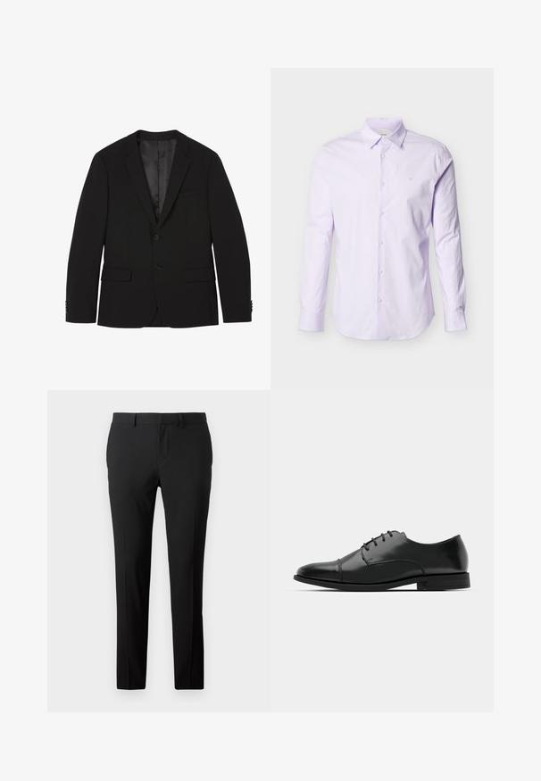 Blazer homme noir à deux boutons avec revers crantés, poches à rabat et poignets boutonnés, présenté à plat avec la doublure intérieure visible.; Chemise à manches longues de couleur violet clair en coton, avec un devant à boutons, un col pointu et un petit logo sur la poitrine.; Pantalons noirs ajustés en tissu lisse. Présente un design à jambe droite, des plis avant et des passants de ceinture pour un ajustement réglable.; Chaussure habillée noire en cuir avec un bout rond, un laçage, des détails de couture subtils et un petit talon. Texture lisse avec une finition polie.