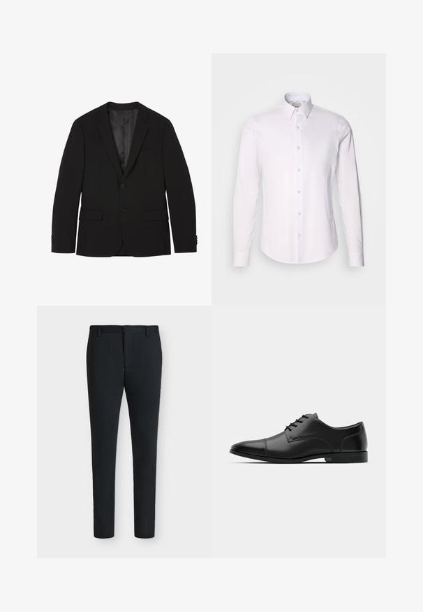 Blazer homme noir à deux boutons avec revers crantés, poches à rabat et poignets boutonnés, présenté à plat avec la doublure intérieure visible.; Chemise blanche à manches longues en tissu lisse avec un col boutonné, présentant un plastron entièrement boutonné et un ourlet arrondi.; Pantalon de costume noir coupe slim avec passants pour ceinture, fermeture éclair à l’avant et sans poches visibles, présenté sur un fond blanc uni.; Chaussure habillée en cuir noir avec un bout arrondi, texture lisse, six œillets et une semelle noire basse. Présente une couture discrète sur le bout.