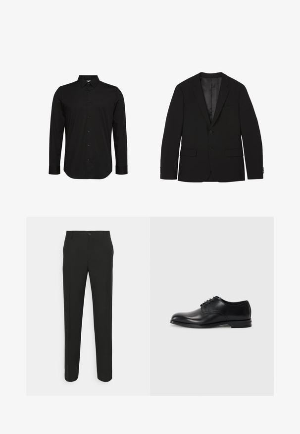 Blazer negro de hombre con dos botones, solapas con muesca, bolsillos con tapa y puños con botones, mostrado plano con el forro interior visible.; Camisa negra de manga larga hecha de tela suave, con un cuello puntiagudo, cierre frontal con botones y un pequeño logo en el pecho.; Pantalones negros ajustados con corte recto, que cuentan con un cierre de un solo botón y trabillas para cinturón. Tejido liso, mate y sin patrones.; Zapato de vestir de cuero negro con punta redondeada, diseño con cordones, textura suave y suela de goma de perfil bajo. Detalles de costura mínimos.