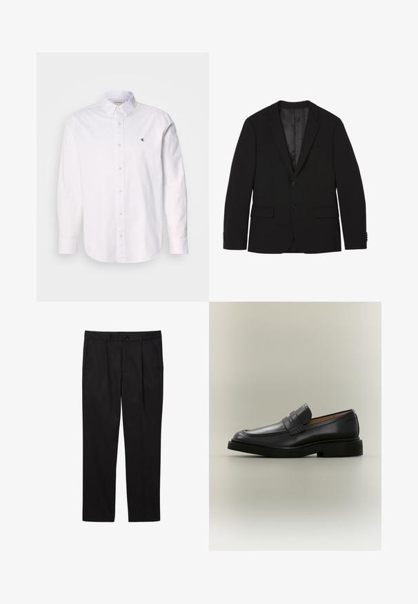 Blazer negro de hombre con dos botones, solapas con muesca, bolsillos con tapa y puños con botones, mostrado plano con el forro interior visible.; Camisa blanca de algodón, con cuello clásico, mangas largas y un pequeño logo de CK en el lado izquierdo del pecho. Textura suave.; Pantalones formales negros de hombre con bolsillos delanteros, trabillas para cinturón, cierre de botón y diseño de pierna recta.; Mocasín de hombre de cuero negro con tacón bajo y detalle de correa en la parte superior, mostrado de perfil sobre un fondo neutro.
