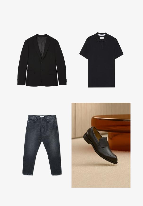 Schwarzer Herrenblazer mit zwei Knöpfen, abgesteppten Revers, Pattentaschen und geknöpften Ärmeln, flach liegend dargestellt mit sichtbarem Innenfutter.; Schwarzes Polohemd aus Baumwolle, mit einer Knopfleiste mit drei Knöpfen, kurzen Ärmeln und einem kontrastierenden gestreiften Kragen.; Schwarze Jeans aus Denim mit geradem Schnitt, fünf Taschen und dezenter Verwaschung. Enthält einen Knopf- und Reißverschluss sowie Gürtelschlaufen.; Schwarzer Leder-Loafer mit niedrigem Absatz, der über einem beigen Teppichboden nahe einem runden braunen Tisch schwebt.
