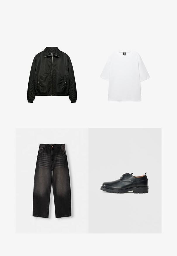 Blouson bomber noir avec fermeture éclair frontale, poches latérales à boutons-pression, poignets côtelés et col plié, présenté sur fond blanc.; T-shirt blanc surdimensionné avec des manches courtes, un col rond et un tissu en coton doux. Présente une étiquette noire au niveau du cou. Sans motifs ni accents.; Jeans en denim noir à jambe large avec un design délavé, dotés de cinq poches, d'une fermeture à bouton et de détails de whiskering subtils sur le devant.; Chaussures derby en cuir noir avec une texture lisse, bout rond, design à lacets et une semelle en caoutchouc épaisse et robuste.
