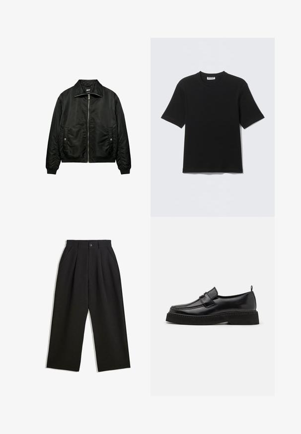 Blouson bomber noir avec fermeture éclair frontale, poches latérales à boutons-pression, poignets côtelés et col plié, présenté sur fond blanc.; T-shirt noir à manches courtes avec col rond, portant une étiquette "WEEKDAY" à l'intérieur du col, présenté à plat sur un fond clair.; Pantalons noirs à coupe décontractée, avec des plis à l'avant, des poches latérales et une fermeture à bouton. Fabriqués en tissu texturé.; Chaussures en cuir noir de style mocassin avec une semelle plate et texturée, présentant un bout piqué et une sangle traversant le cou-de-pied.