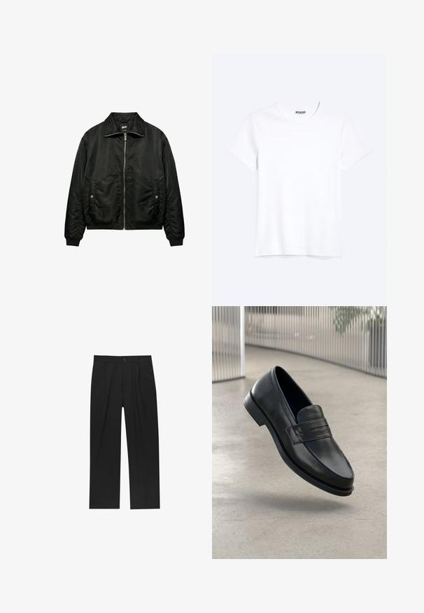 Blouson bomber noir avec fermeture éclair frontale, poches latérales à boutons-pression, poignets côtelés et col plié, présenté sur fond blanc.; T-shirt blanc uni à manches courtes et col rond avec une étiquette de la marque WEEKDAY visible au niveau du col, présenté sur un fond clair.; Pantalons noirs au design droit, fabriqués à partir d'un tissu lisse. Dotés de plis sur le devant et d'une fermeture à un bouton à la taille.; Mocassin en cuir noir à texture lisse, bout pointu et bande décorative sur le cou-de-pied. Semelle légère, design minimaliste.