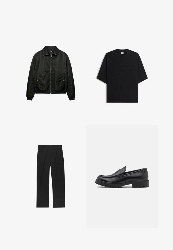 Blouson bomber noir avec fermeture éclair frontale, poches latérales à boutons-pression, poignets côtelés et col plié, présenté sur fond blanc.; T-shirt noir surdimensionné à col rond avec manches courtes, vue à plat sur fond blanc, étiquette Bershka visible à l'intérieur du col.; Pantalons noirs au design droit, fabriqués à partir d'un tissu lisse. Dotés de plis sur le devant et d'une fermeture à un bouton à la taille.; Mocassins en cuir noir avec un bout arrondi, un design à enfiler et une semelle en caoutchouc épaisse avec une texture antidérapante. Talon surélevé et détails de surpiqûre subtils.