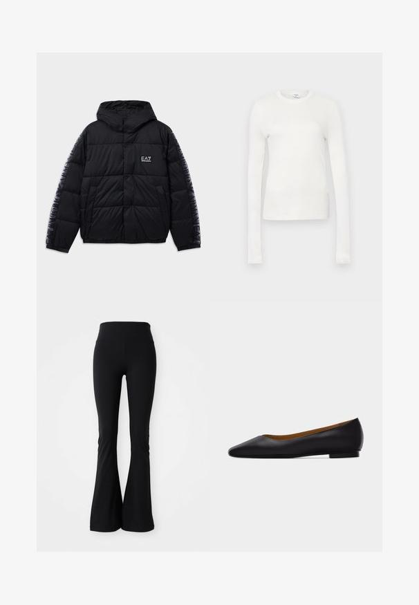 Doudoune noire avec capuche, design matelassé, logo sur la poitrine et les manches, fermeture à boutons-pression et poignets élastiques. Texture lisse et légèrement brillante.; T-shirt à manches longues blanc en coton doux. Il présente un col rond, une silhouette ajustée et une texture lisse. Pas de motifs ni d'accents.; Leggings évasés noirs fabriqués en matériau extensible, dotés d'une taille haute et d'une texture lisse. Aucun motif ou quincaillerie visible.; Chaussure plate en cuir noir à bout pointu avec talon bas et finition lisse, vue de côté sur un fond gris clair.