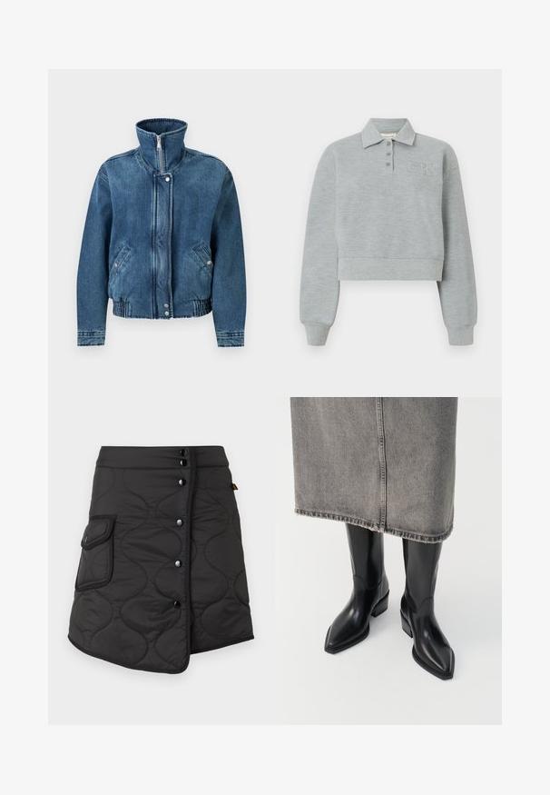 Mørkeblå denimjakke med høj krave, frontlynlås, to sidelommer og elastisk talje for en tætsiddende pasform.; Lysegrå cropped sweatshirt med lange ærmer, krave, tre knapper, ribstrikkede manchetter og præget "CK" logo på venstre bryst.; Sort kviltet nederdel med en asymmetrisk kant, der har fem mørke knapper og en sidelomme med rund flapdetalje.; Sorte læder cowboy støvler med spids tå og kraftig hæl, der har en glat finish og slankt design, parret med en grå nederdel.