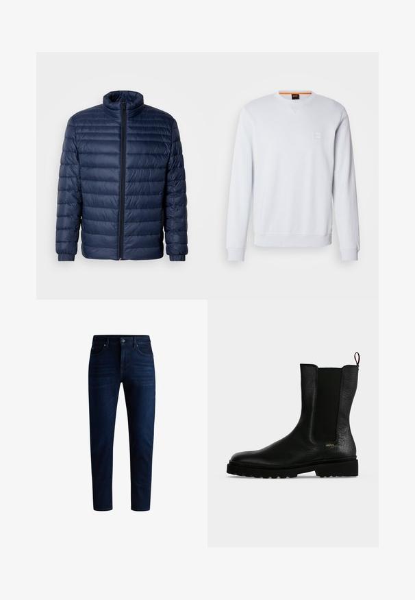 Marineblaue gesteppte Steppjacke mit Stehkragen, vollflächigem Reißverschluss und elastischen Bündchen, vor einem schlichten hellen Hintergrund präsentiert.; Weißes Sweatshirt mit langen Ärmeln, rundem Halsausschnitt und dezentem Logo-Patch. Glatte Textur sowie gerippte Bündchen und Saum für einen figurnahen Look.; Dunkelblaue Denim-Jeans mit geradem Bein, fünf Taschen und einem Knopfverschluss. Der Stoff hat einen leichten Glanz und minimale Verfärbungen.; Schwarzer Leder-Stiefelette mit elastischem Seitenteil, grober Sohle und Zuglasche hinten, mit kleinem goldenem "Hugo" Logo nahe der Ferse.
