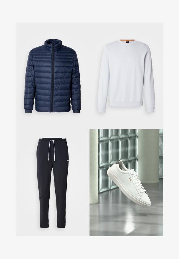 Marineblå, kviltet pufferjakke med ståkrave, fuld frontlynlås og elastiske manchetter, vist på ensfarvet lys baggrund.; Hvid sweatshirt med lange ærmer, rund halsudskæring og diskret logo-patch. Glat tekstur og ribbede manchetter og kant for et tætsiddende look.; Sorte slim-fit joggingbukser med hvid snor, elastisk talje med hvide striber og lille hvidt logo på den øverste lår.; Hvid læder lav-top sneaker med snørebånd, sort hælflig og "BOSS"-logo, svævende indendørs nær glasblok væg og poleret gulv.