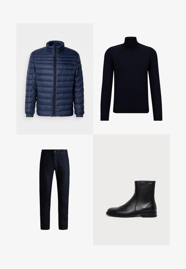 Veste matelassée en duvet bleu marine avec col montant, fermeture éclair avant intégrale et poignets élastiques, présentée sur un fond clair uni.; Pull en col roulé bleu marine foncé en tissu finement tricoté, à manches longues et à encolure haute ajustée. Sans motifs ni accents visibles.; Jeans en denim bleu foncé avec un design classique à cinq poches, coupe droite et une texture subtile. Fermeture à bouton en métal à la taille.; Bottine en cuir noir à talon bas, couture latérale et petit logo "HUGO" sur le revers supérieur sur un fond uni.