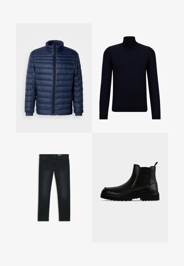Marineblå, kviltet pufferjakke med ståkrave, fuld frontlynlås og elastiske manchetter, vist på ensfarvet lys baggrund.; Mørkeblå turtleneck sweater lavet af fint strikstof, med lange ærmer og en tætsiddende, høj halsudskæring. Ingen synlige mønstre eller detaljer.; Mørke denim jeans med lige pasform, subtilt slid, fem lommer og orange syninger som accent på taljen.; Sort læderankelstøvle med tekstureret sål, elastiske sidepaneler og træksnor på en lysegrå baggrund.