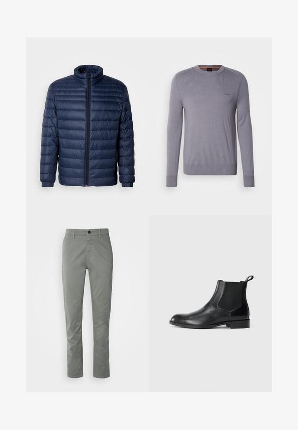 Veste matelassée en duvet bleu marine avec col montant, fermeture éclair avant intégrale et poignets élastiques, présentée sur un fond clair uni.; Pull en tricot violet clair avec un col rond, des poignets et un ourlet côtelés. Présente un petit logo brodé sur la poitrine. Texture lisse.; BOSS CHINO TAPERED - Chino - open grey; Bottine en cuir noir avec des panneaux latéraux élastiques, bout rond et tirette. Texture lisse, semelle plate, design minimaliste.