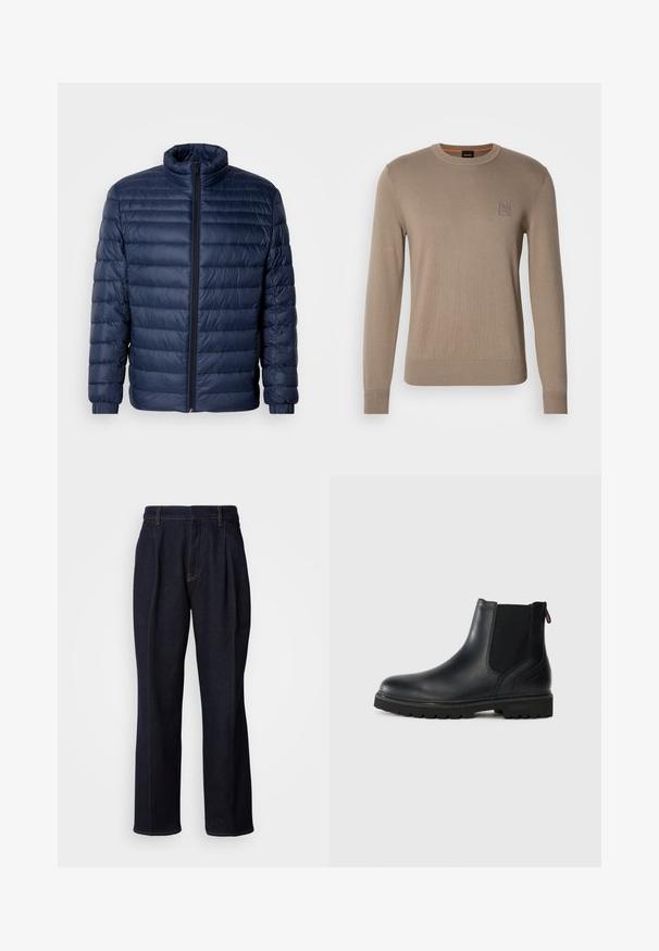 Marineblå, kviltet pufferjakke med ståkrave, fuld frontlynlås og elastiske manchetter, vist på ensfarvet lys baggrund.; Herrebeige crewneck sweater med lange ærmer, ribbede manchetter og kant, med et lille firkantet logo på brystet.; Mørkeblå vidde denim jeans med frontfældninger og orange syninger, vist på hvid baggrund.; Sorte læder ankelstøvler med elastiske sidepaneler, rund tå og en robust gummisål med dybe riller for bedre greb.