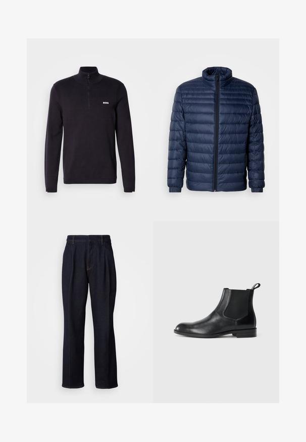 Marineblå, kviltet pufferjakke med ståkrave, fuld frontlynlås og elastiske manchetter, vist på ensfarvet lys baggrund.; Marineblå quarter-zip sweater fremstillet af blødt stof, med ribbet krave og manchetter, samt et lille hvidt "BOSS" logo på brystet.; Mørkeblå vidde denim jeans med frontfældninger og orange syninger, vist på hvid baggrund.; Sorte læder ankelstøvler med elastiske sidepaneler, rund tå og en trækloft. Glat tekstur, flad sål, minimalistisk design.