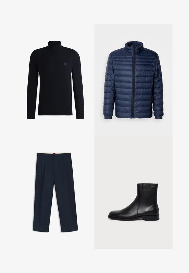 Marineblaue gesteppte Steppjacke mit Stehkragen, vollflächigem Reißverschluss und elastischen Bündchen, vor einem schlichten hellen Hintergrund präsentiert.; Marineblauer Rollkragenpullover aus weichem Strickmaterial, mit langen Ärmeln und einem gerippten Kragen. Enthält ein quadratisches Logo-Patch auf der Brust.; Dunkelblaue Hose mit weitem Bein, Gürtelschlaufen, vorderer Knopf- und Reißverschluss sowie seitlichen Taschen, auf weißem Hintergrund dargestellt.; Schwarzer Leder-Knöchelstiefel mit niedrigem Absatz, seitlicher Naht und kleinem "HUGO" Logo am oberen Schaft vor einfarbigem Hintergrund.