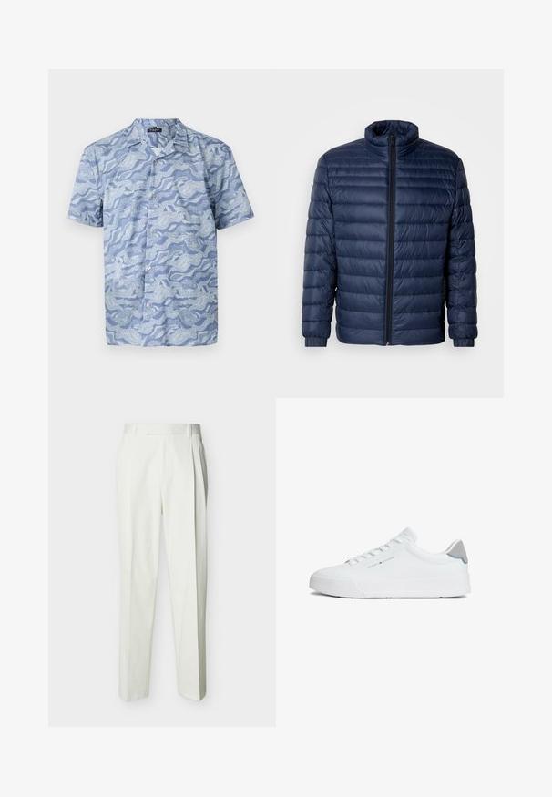 Marineblaue gesteppte Steppjacke mit Stehkragen, vollflächigem Reißverschluss und elastischen Bündchen, vor einem schlichten hellen Hintergrund präsentiert.; Kurzarmhemd in Hellblau mit Wellenmuster. Aus weichem Stoff gefertigt, mit Knopfleiste und einem Kragen im Camp-Stil.; Weiße, maßgeschneiderte, hoch taillierte Hose mit Gürtelschlaufen und vorderen Falten, auf einfachem Hintergrund präsentiert.; Weißer Sneaker mit niedrigem Schaft, weißen Schnürsenkeln, grauer Fersenlasche und „Tommy Hilfiger“ Logo an der Seite, von außen betrachtet.