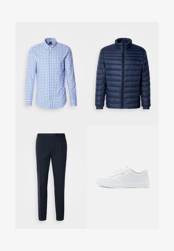 Chaqueta acolchada en azul marino con cuello alzado, cierre frontal completo y puños elásticos, exhibida sobre un fondo claro y sencillo.; Camisa de patrón de cuadros azul y blanco con mangas largas, cuello abotonado y bordado del logo en el pecho. Material de algodón suave.; Pantalones azul marino hechos de una mezcla de algodón, con un corte recto, pliegues frontales y un cierre de botón en la cintura. Textura suave, sin patrones.; Zapatillas de cuero blanco con textura suave, puntera redondeada y costuras tonales. Cuentan con cordones azules y un logo dorado en el lateral.