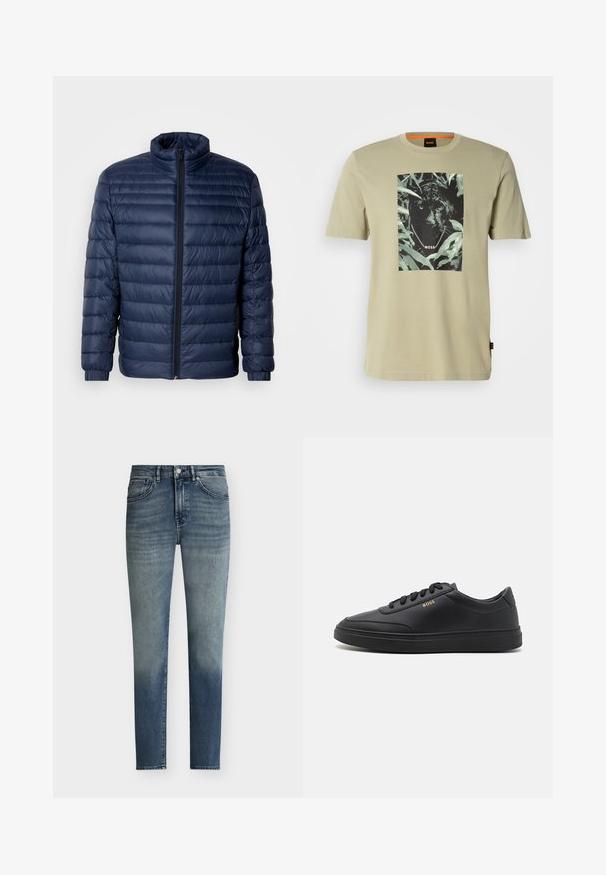 Veste matelassée en duvet bleu marine avec col montant, fermeture éclair avant intégrale et poignets élastiques, présentée sur un fond clair uni.; T-shirt vert olive en coton, arborant un graphisme de panthère noire entouré de feuillage. Le logo de la marque est intégré dans le design.; Jean bleu slim pour homme avec des détails subtils de délavage, fermeture par boutons et design cinq poches.; Baskets en cuir noir avec une texture lisse, bout rond, semelle en caoutchouc plate et lacets ton sur ton. Présente une marque "BOSS" dorée sur le côté.