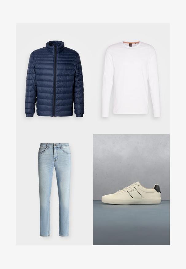 Námornícky modrá prešívaná puffer bunda so stojačikovým golierom, plným predným zipsom a elastickými manžetami, vystavená na jednoduchom svetlom pozadí.; Biely dlhý rukáv tričko vyrobené z bavlny. Má okrúhly výstrih a malú embosovanú nálepku na ľavej hrudi. Hladká textúra.; Svetlomodré slim fit rifle z denimu s predným gombíkom a zipsom, dizajn s piatimi vreckami a jemným blednutím od stehna po koleno.; Krémové tenisky s hladkou textúrou, s čiernymi akcentmi a brandingom. Klasický štýl so šnurovaním, guľatou špičkou a gumovou podrážkou.