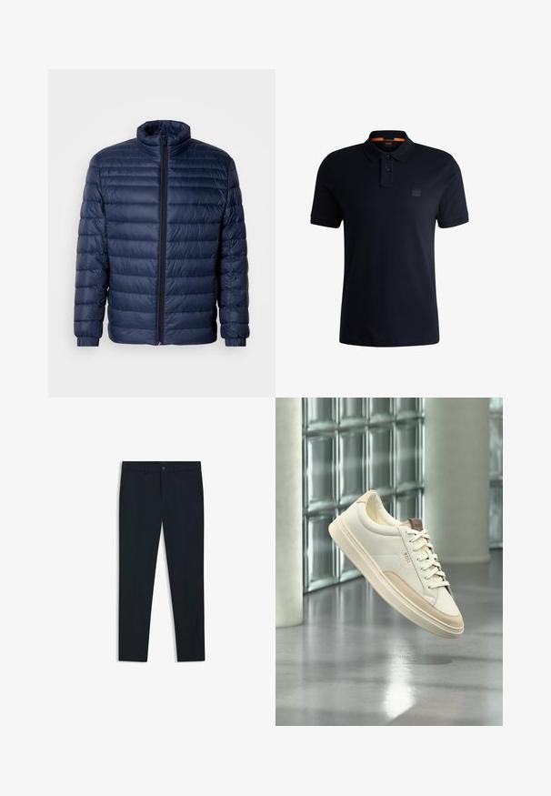 Navyblauwe gewatteerde pufferjack met staande kraag, volledige rits aan de voorkant en elastische manchetten, weergegeven op een effen lichte achtergrond.; Zwart poloshirt met korte mouwen, twee knopen, een klein borstlogo en een oranje detail aan de binnenkant van de kraag.; Marineblauwe, op maat gemaakte broeken van een gladde stof; voorzien van steekzakken, riemlussen en een knoopsluiting. Rechtaf lopend ontwerp.; Witte lage sneaker met beige accenten en veters, met het merk "BOSS", zwevend boven een gepolijste vloer met een glasblokken muur op de achtergrond.