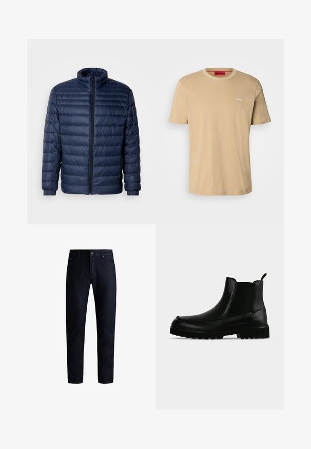 Navyblauwe gewatteerde pufferjack met staande kraag, volledige rits aan de voorkant en elastische manchetten, weergegeven op een effen lichte achtergrond.; Beige katoenen t-shirt met een ronde hals, korte mouwen en een klein wit "HUGO" logo op de borst. Een gladde textuur zonder patronen.; Donkerblauwe denim jeans met een klassiek vijf-pocket ontwerp, rechte pijpen en een subtiele textuur. Metalen knoopsluiting bij de taille.; Zwarte leren enkellaars met een gestructureerde zool, elastische zijpanelen en een trekriempje op een lichtgrijze achtergrond.
