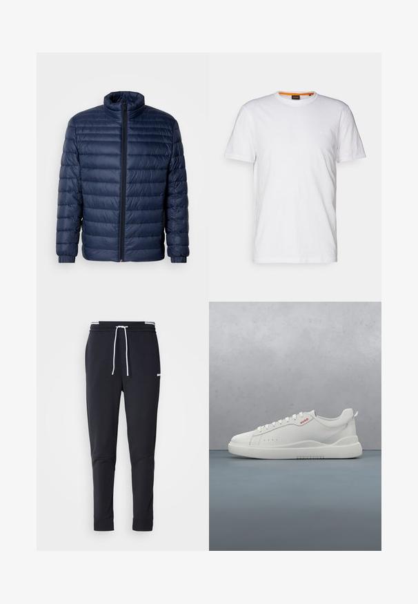 Marineblaue gesteppte Steppjacke mit Stehkragen, vollflächigem Reißverschluss und elastischen Bündchen, vor einem schlichten hellen Hintergrund präsentiert.; Weißes Baumwoll-T-Shirt mit Rundhalsausschnitt, kurzen Ärmeln und einem dezenten geprägten Logo auf der Brust. Das Innenschild hat einen orangefarbenen Akzent.; Schwarze Slim-Fit-Jogginghose mit weißem Kordelzug, elastischem Bund mit weißen Streifen und kleinem weißen Logo am oberen Oberschenkel.; Weiße Sneaker aus glattem Leder, runde Spitze, vier Ösen, dezente Perforationen und ein rotes Logodetail an der Seite.