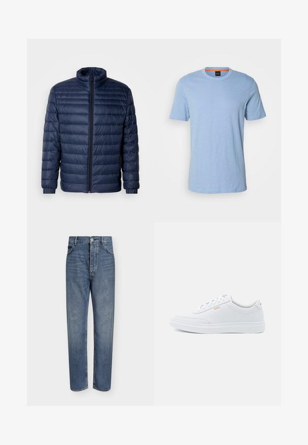 Marineblaue gesteppte Steppjacke mit Stehkragen, vollflächigem Reißverschluss und elastischen Bündchen, vor einem schlichten hellen Hintergrund präsentiert.; Hellblaues T-Shirt mit kurzen Ärmeln aus weichem Material. Es verfügt über einen Rundhalsausschnitt und ein dezentes, eingeprägtes Logo auf der Brust.; Gerade geschnittene blaue Jeans aus Denim mit hoher Taille, Frontknopfverschluss und Fünf-Taschen-Design auf einem schlichten hellen Hintergrund.; Weiße Leder-Sneaker mit glatter Textur, runder Zehenpartie und tonal abgestepptem Design. Mit blauen Schnürsenkeln und einem goldenen Logo an der Seite.