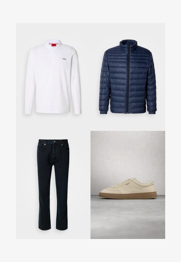 Navyblauwe gewatteerde pufferjack met staande kraag, volledige rits aan de voorkant en elastische manchetten, weergegeven op een effen lichte achtergrond.; Witte lange mouwen polo-shirt gemaakt van katoen, met een kraag, een drie-knops sluiting en een zwart "HUGO" logo op de linkerborst.; HUGO JONAH - Straight leg jeans - dark blue; Lichtbeige suède sneaker met een zool van gumrubber, opvallende veters en subtiele stikdetails. Strak ontwerp met een minimalistische uitstraling.