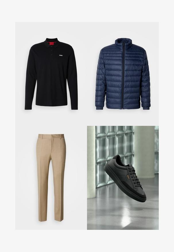 Veste matelassée en duvet bleu marine avec col montant, fermeture éclair avant intégrale et poignets élastiques, présentée sur un fond clair uni.; Polo-shirt noir à manches longues en coton, avec un col rouge et une patte de boutonnage à trois boutons, arborant un logo "HUGO" blanc sur la poitrine.; Pantalon beige sur mesure en tissu texturé, à front plat et jambes droites. Comprend des poches latérales et des passants pour ceinture, offrant un look élégant.; Sneaker basse en cuir noir avec lacets noirs et logo "BOSS" doré, affichée en suspension devant un mur en blocs de verre et un sol gris.